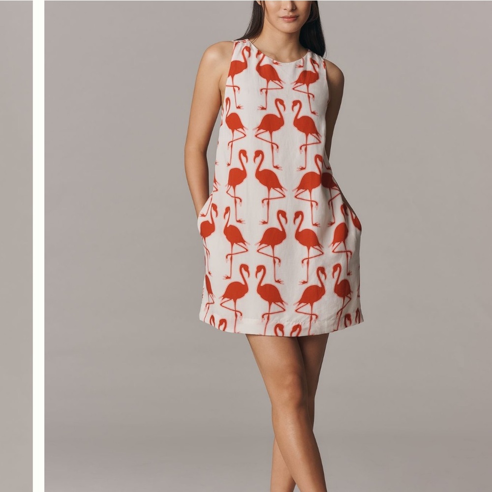 Anthropologie Cream Mini Dress with Coral Flamingo Print